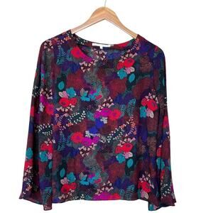 Violet + Claire black floral lightweight career office long bell sleeve blouse S